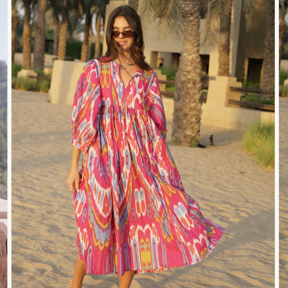 House of Sundar Block Print Pink Patterned Maxi Dress